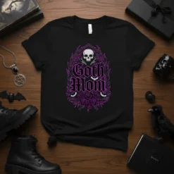 Black t-shirt with "Goth Mom" text in purple gothic font, featuring a skull, roses, and bats graphic