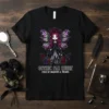 Gothic Fae Queen Child of Shadows & Thorns text on a black t-shirt with a dark fairy graphic