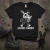 Black t-shirt with white Gothic Rabbit text and a cartoon gothic bunny graphic holding a stuffed bunny
