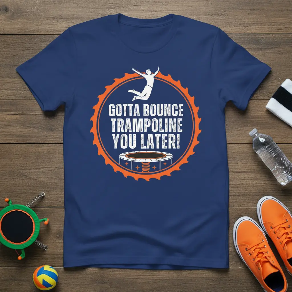 Navy blue shirt graphic: Gotta Bounce Trampoline You Later! text with jumping person and trampoline