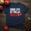 Grab Life By The Balls quote t-shirt with a fist holding boxing gloves graphic, white and red text on navy