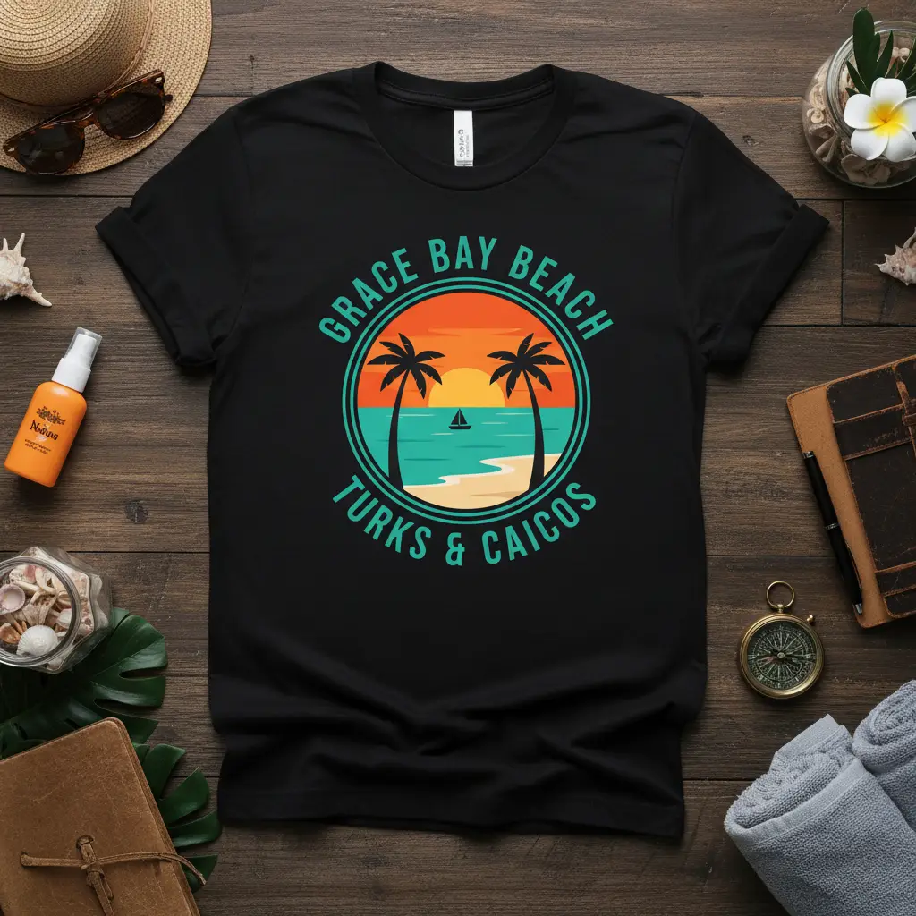 Grace Bay Beach Turks & Caicos design with palm trees and sunset illustration