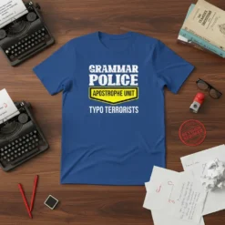 Grammar Police Apostrophe Unit Typo Terrorists text design on a royal blue t-shirt