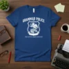Grammar Police to serve and correct t-shirt design featuring a shield with an eagle holding a quill over books
