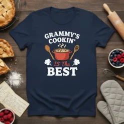 Grammy's Cookin' Is The Best text with a cooking pot graphic on a navy blue t-shirt