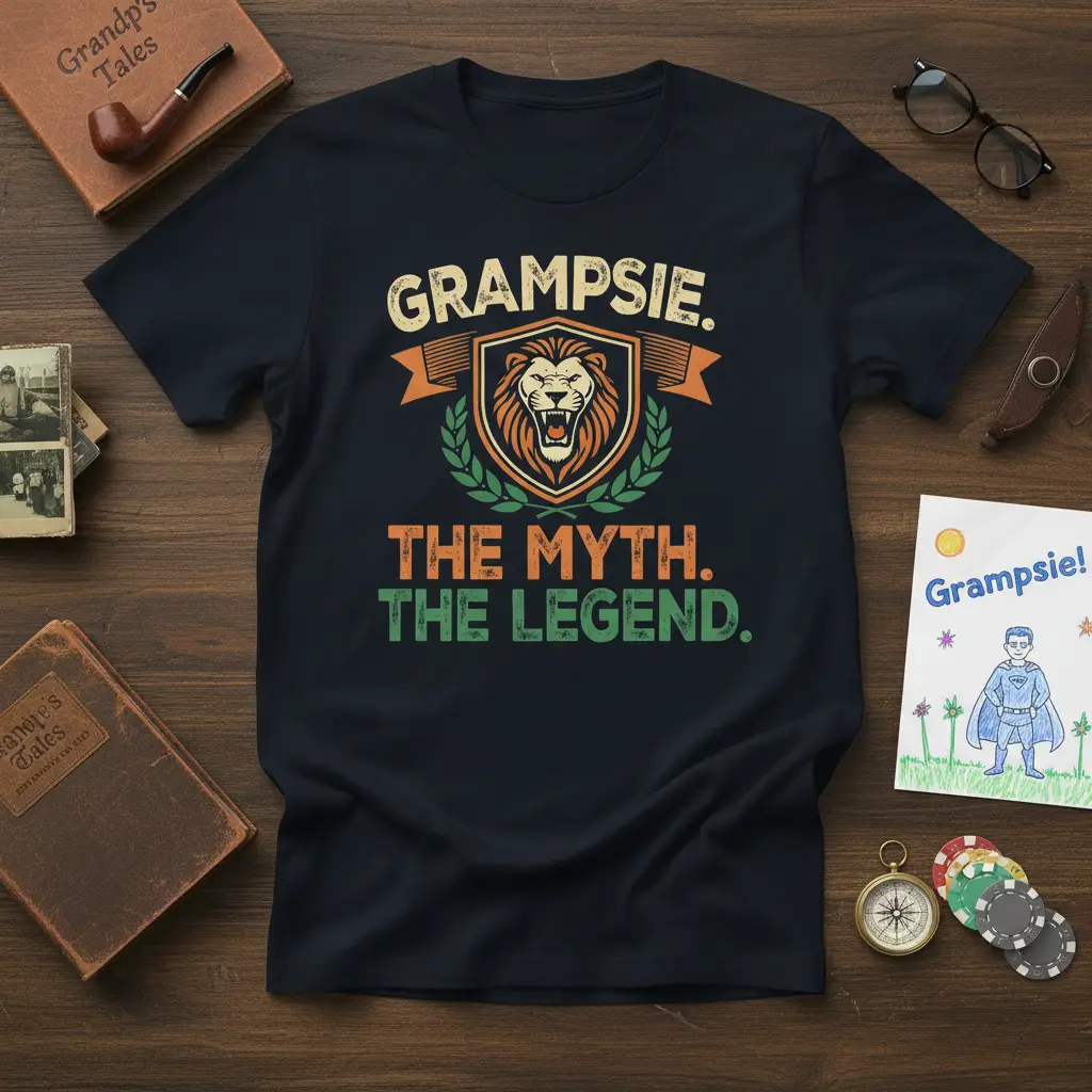 Grampsie The Myth The Legend quote with lion emblem on a dark navy t-shirt