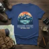 Grand Teton National Park text design with vintage mountain lake and canoe graphic on a blue t-shirt