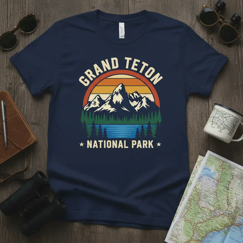 Grand Teton National Park vintage tee design featuring mountains, lake, and sunset with park name text
