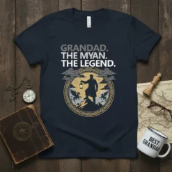 Grandad. The Myan. The Legend. text with a silhouette of a man holding a lantern on a mountain peak, surrounded