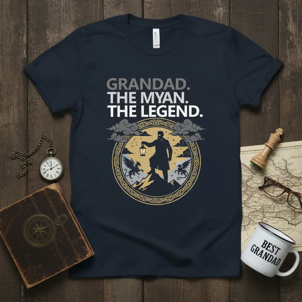 Grandad. The Myan. The Legend. text and mountain climber graphic on a navy t-shirt