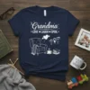 Grandma LOVE LAUGH SPOIL t-shirt design with armchair, coffee, books, and stick figure children