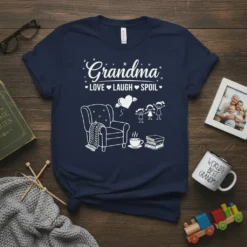 Grandma LOVE LAUGH SPOIL t-shirt design with armchair, coffee, books, and stick figure children