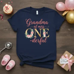 Grandma of Miss ONEderful text with floral accents on a navy blue t-shirt, perfect for a first birthday celebration