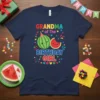 Grandma of The Birthday Girl text with cute smiling watermelon characters on a navy blue t-shirt