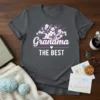 Grandma The Best t-shirt design with purple and white floral bouquet above the text
