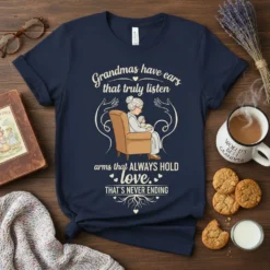 Grandmas have ears that truly listen arms that ALWAYS HOLD love. THAT'S NEVER ENDING quote on a navy t-shirt, featuring