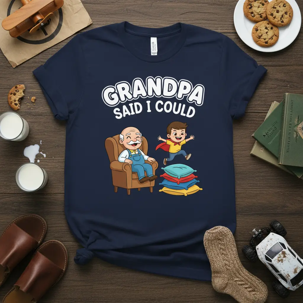Grandpa Said I Could funny quote t-shirt with cartoon grandpa and jumping boy graphic