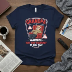 Grandpa Warning May Nap Suddenly At Any Time t-shirt design featuring a sleeping grandpa in a chair