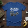 Grandpa In Training t-shirt with kettlebell and dumbbell graphic, bold white text, fitness theme