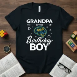 Grandpa Of The Birthday Boy T-Shirt with a blue and yellow brain graphic and white text