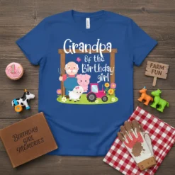 Grandpa Of the Birthday Girl t-shirt design with farmer, pig, sheep, and tractor graphic