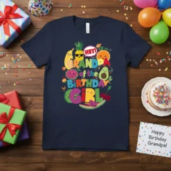 Grandpa of the Birthday Girl text with cute fruit graphics like banana, pineapple, and avocado on a navy t-shirt