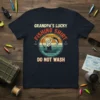 Grandpa's Lucky Fishing Shirt Do Not Wash graphic tee with vintage sunset and fisherman catching a fish