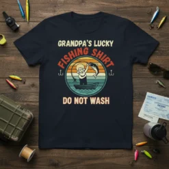 Grandpa's Lucky Fishing Shirt Do Not Wash graphic tee with vintage sunset and fisherman catching a fish