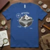 Granite geology layers t-shirt design showing mountain profile, compass, and rock strata including gneiss and schists