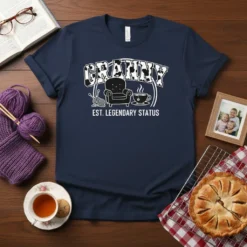 Granny Est Legendary Status t-shirt with armchair and tea cup graphic