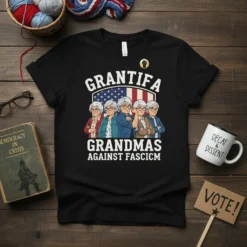 Grantifa Grandmas Against Fascism t-shirt design with five illustrated grandmothers and an American flag background