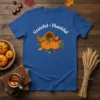 Grateful Thankful t-shirt with a cornucopia, pumpkins, and fall leaves design