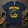 Grave Digger Racing monster truck design on a navy blue t-shirt with bold yellow text