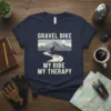Gravel Bike My Ride My Therapy text with silhouette of cyclist on mountain path design on navy t-shirt