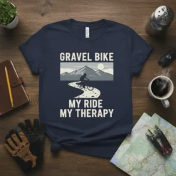 Gravel Bike My Ride My Therapy text with silhouette of cyclist on mountain path design on navy t-shirt