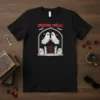 Graveyard Thrills ! text with two cute ghosts holding hands, tombstones, and bats on a black t-shirt design