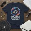 Great American Solar Eclipse April 8 2024 text with a colorful cosmic graphic of the sun and rings