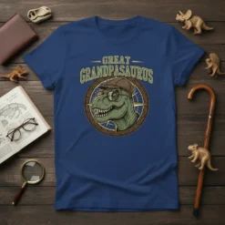 GREAT GRANDPASAURUS text above a cartoon T-Rex wearing glasses and a cap on a navy t-shirt