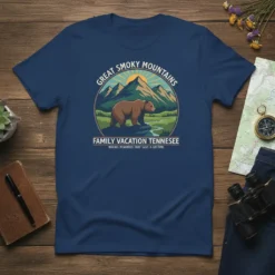 Great Smoky Mountains Family Vacation Tennessee t-shirt with a bear and mountains graphic, text reads "Making Memories That Last A