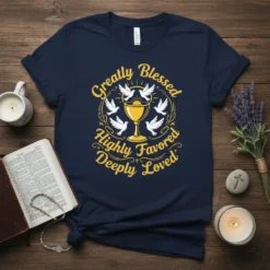 Navy t-shirt with yellow text "Greatly Blessed Highly Favored Deeply Loved" surrounded by doves and a chalice graphic