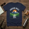 Green Hill 2022 Hershey PA t-shirt design featuring a mountain landscape, sun, and river path