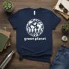 Green planet t-shirt design featuring people holding hands around a globe with leaves and continents, text "green planet" below