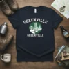 Navy t-shirt featuring a white skyline graphic and "Greenville Greenville" text in white arching letters
