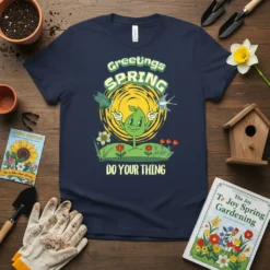 Greetings SPRING DO YOUR THING t-shirt with cartoon plant character, birds, and sun graphic