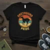 Vintage Greyhound Pride t-shirt design with a black silhouette of a greyhound inside a retro sunset circle