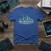 Grid Architects Urban Algrithrms Precision text with a cityscape graphic on a blue t-shirt
