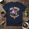 Grill Master Extraterterrtessical BBQ design with an alien, spaceship, and grill on a navy t-shirt
