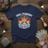 Navy t-shirt design with text "Grill Seargent Commander of the Coals" above crossed grilling forks and flames