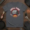 Grill Time t-shirt design featuring a charcoal grill with flames, spatulas, and knives, with "Grill Time" text above