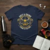 Navy t-shirt with "Grit & Grind Strong to the Core" text and a muscular bull lifting dumbbells graphic